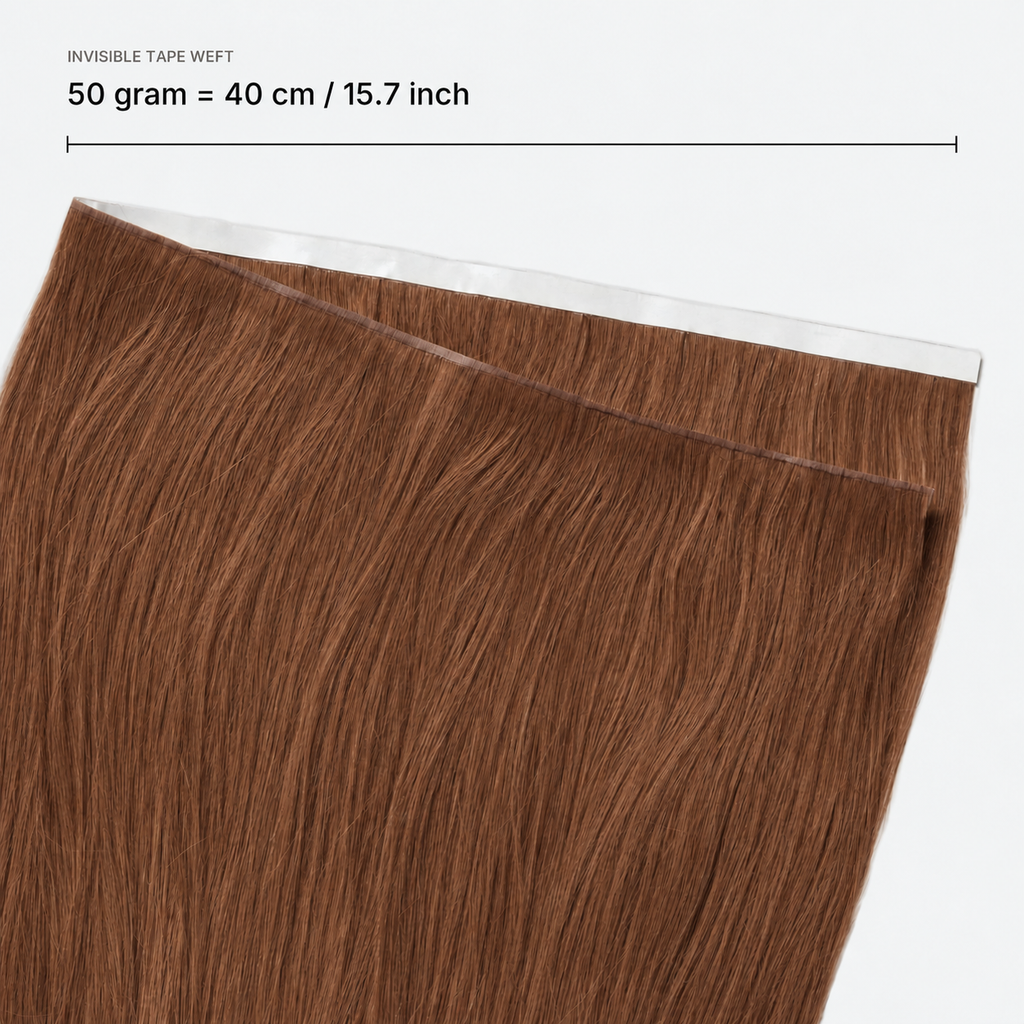 Invisible Tape Weft Dark Auburn #33 lengte en breedte