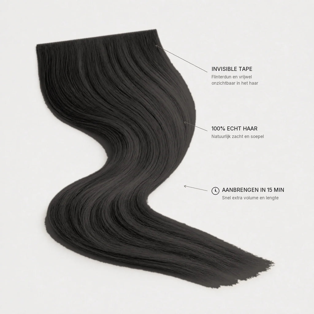 Invisible Long Tape-in Hair Extensions - Jet Black #1 – invisible tape, 100% echt haar, aanbrengen in 15 minuten