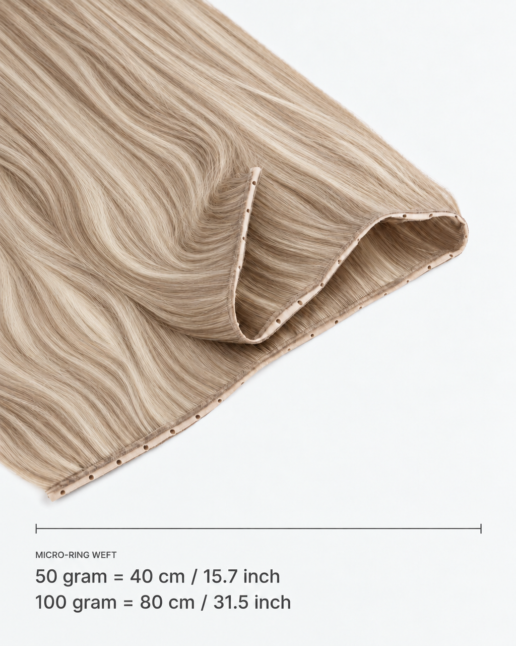 Micro-ring Weft kleur 14-60A — breedte: 50 gram = 40 cm / 15.7 inch; 100 gram = 80 cm / 31.5 inch