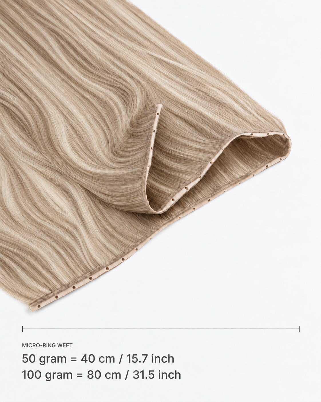 Micro-ring Weft kleur 14-60A — breedte: 50 gram = 40 cm / 15.7 inch; 100 gram = 80 cm / 31.5 inch