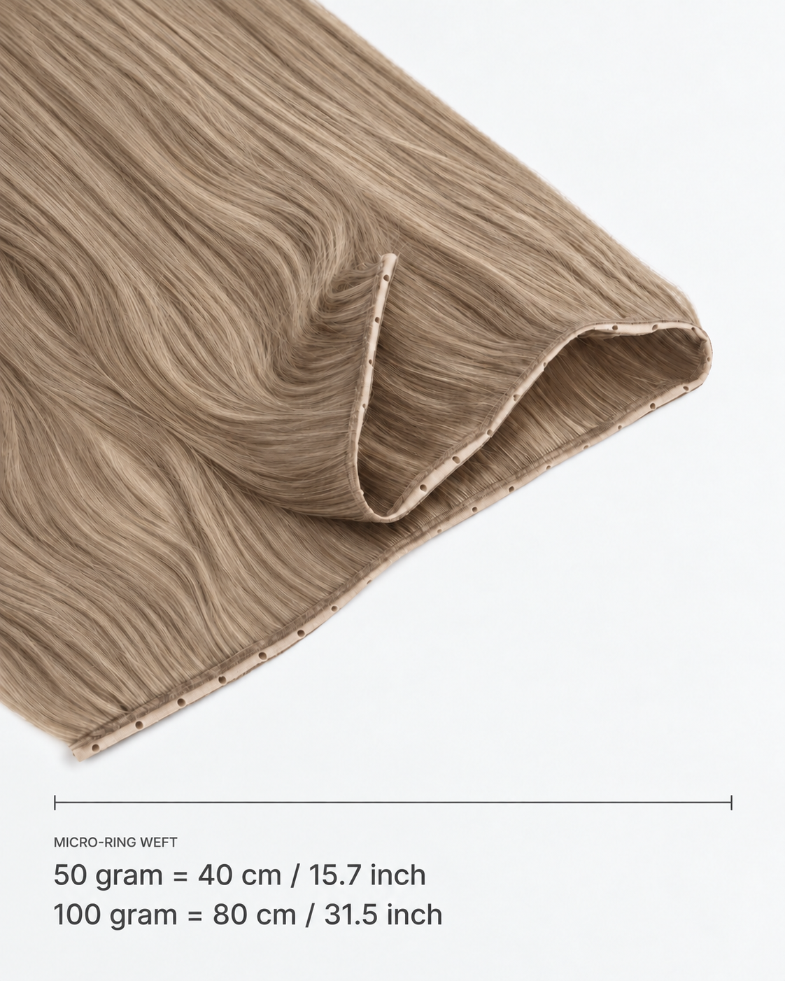 Micro-ring Weft kleur 14 — breedte: 50 gram = 40 cm / 15.7 inch; 100 gram = 80 cm / 31.5 inch