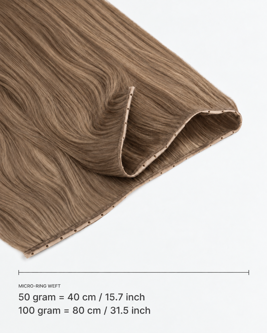 Micro-ring Weft kleur 18 — breedte: 50 gram = 40 cm / 15.7 inch; 100 gram = 80 cm / 31.5 inch
