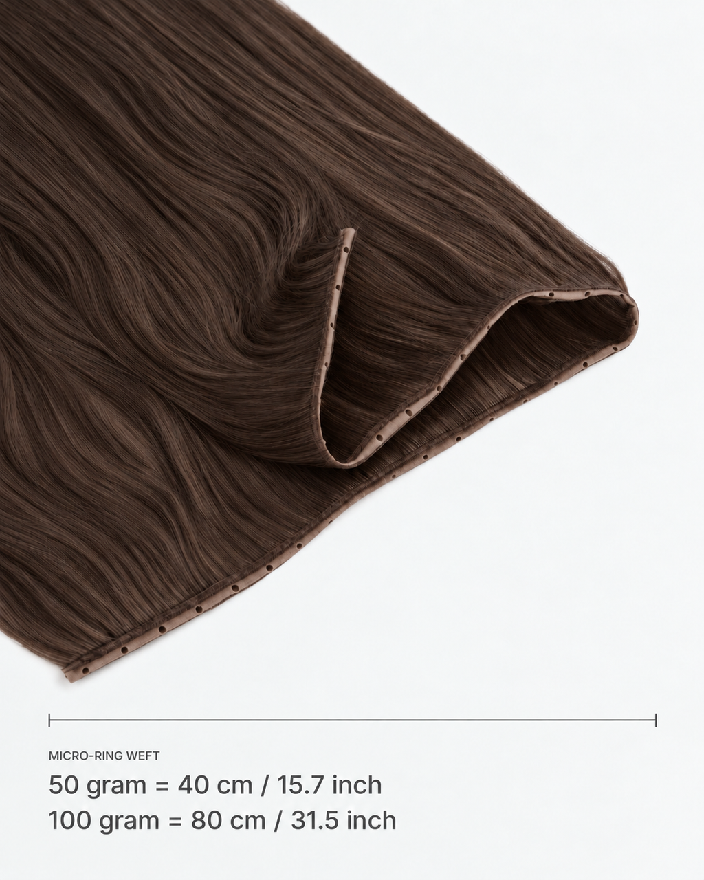 Micro-ring Weft kleur 2 — breedte: 50 gram = 40 cm / 15.7 inch; 100 gram = 80 cm / 31.5 inch