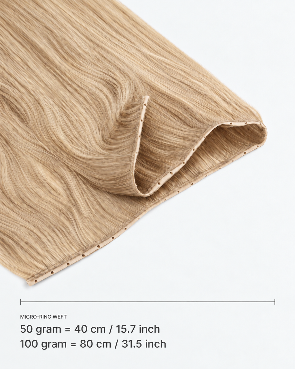 Micro-ring Weft kleur 22-24 — breedte: 50 gram = 40 cm / 15.7 inch; 100 gram = 80 cm / 31.5 inch