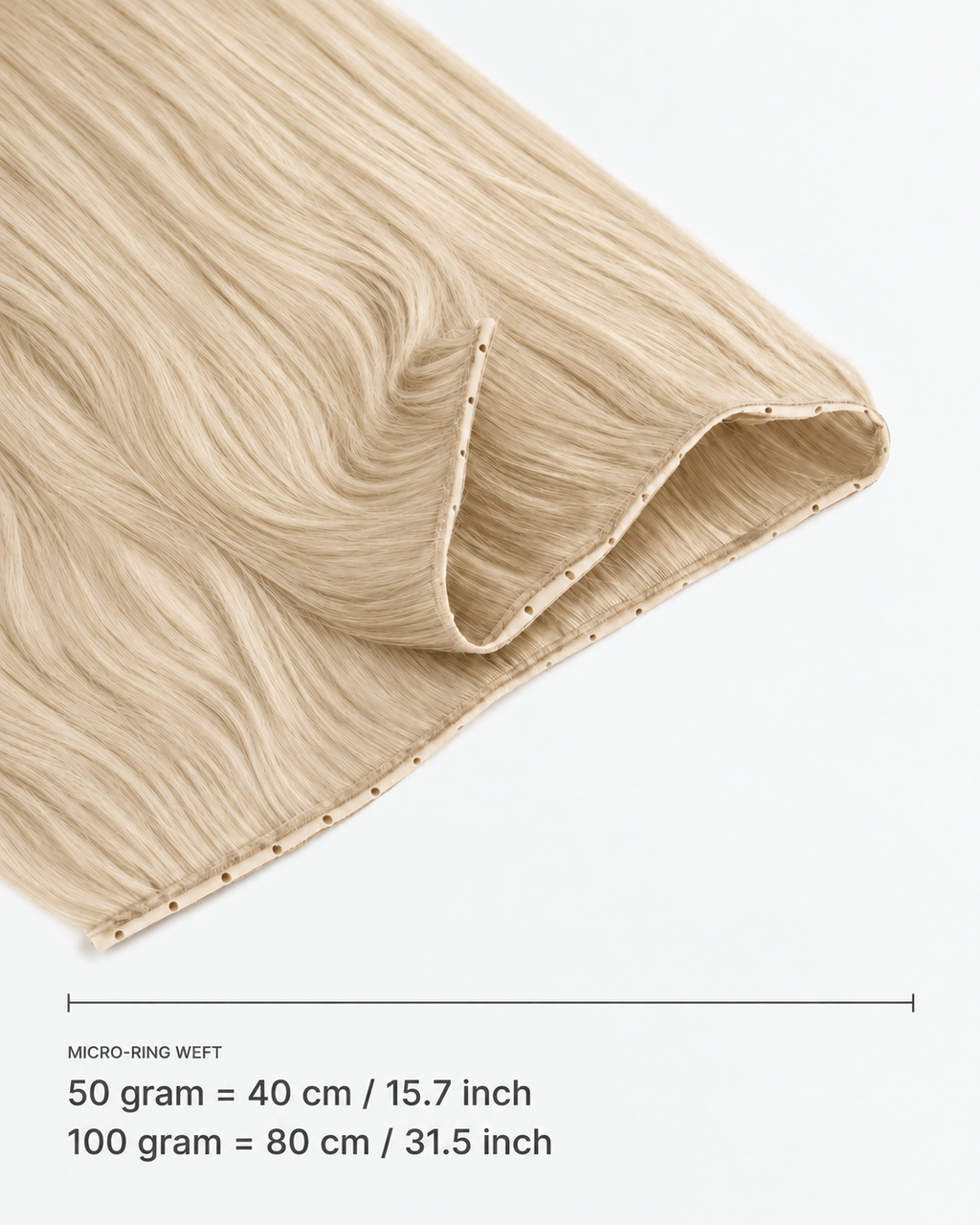 Micro-ring Weft kleur 60A — breedte: 50 gram = 40 cm / 15.7 inch; 100 gram = 80 cm / 31.5 inch