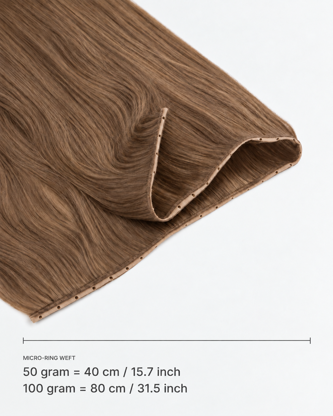 Micro-ring Weft kleur 8 — breedte: 50 gram = 40 cm / 15.7 inch; 100 gram = 80 cm / 31.5 inch